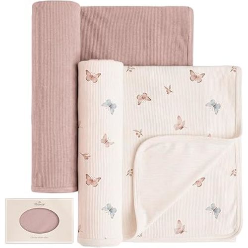 Konssy Knit Baby Blanket 2 Pack, Soft Ribbed Swaddle Receiving Blankets for Boys & Girls, Lightweight Cozy Warm Crib Blanket for Newborns, Infants, & Toddlers, 33x42 Inch (Taupe, Butterfly Dreams)