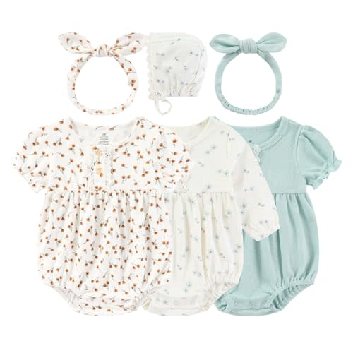 Kiddiezoom Baby Girl Cotton Fresh floral fragments Bubble Romper Cute straps and headscarves