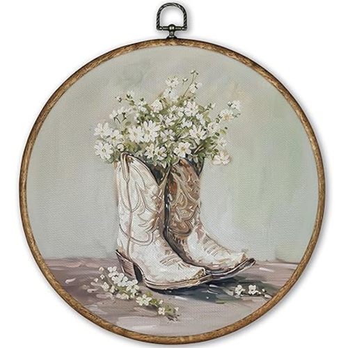 TLESKE White Preppy Western Cowgirl Round Wall Art Decor, Vintage Cowgirl Boots Framed Canvas Prints Wall Art Artwork, Wall Hanging Room Door Decor for Teen Girls Room Dorm Bedroom, 10x10in