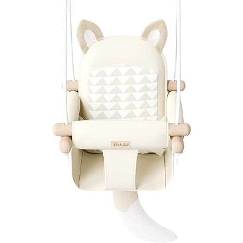 Wooden Hanging Baby Swing with Soft Safety Belt, Cozy Infant Swing Seat for Indoor & Outdoor Use, Adjustable Height, Includes Mounting Hardware – Suitable for Babies & Toddlers(Fox-Themed in Beige)