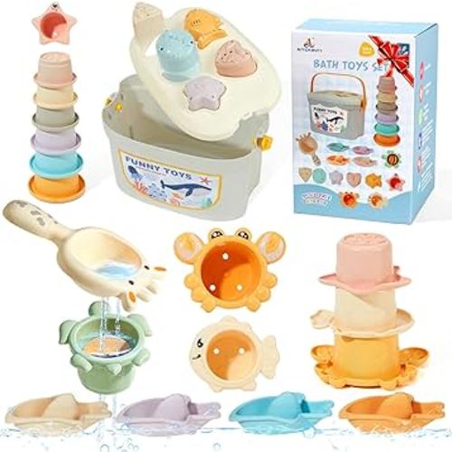 Baby Bath Toys, 21PCS Mold Free Bath Toys for Toddler 2-4 with Montessori Shape Sorter and Educational Stacking Cups, Water Table Toys for Kids Ages 1 2 3 4 5 with Storage Bin