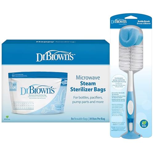 Dr. Brown's Microwave Steam Sterilizer Bags and Bottle Brush - Steam Sterilizing Bags with Bottle Brush, Blue