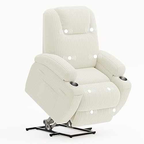Power Lift Recliner Chair with Massage Ergonomic Recliner Chair for Elderly People, Single Sofa with Cup Holders, Side Pockets (Corduroy, White)