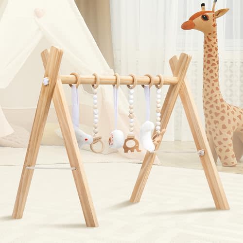 lulunemo Wooden Baby Play Gym Foldable Baby Paly Frame Activity Gym with 6 Hanging Sensory Toys for Babies 0-6 Months, Infant Play Gym Easy to Assemble & Clean, Newborn Present for Boys & Girls