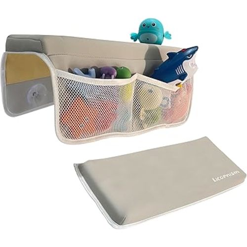 Licornism Comfortable Bath Kneeler and Elbow Rest Pad Set- Thick Non-Slip Memory Foam Bath Mat Set,Quick Dry Baby Bathtub Cushion with Storage Toy Organizer Pockets