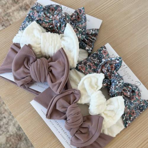 Newborn / Baby Bows, Oversized or Top Knot Options (Summer Bundle - Purple Floral Brushed, White Swiss Dots, Dusty Purple Brushed)