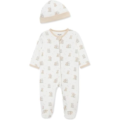 Little Me Baby Boy Clothes 2-Piece Baby Sleeper and Cap Set, 100% Cotton Footies Baby Essentials, Newborn, White, White Fuzzy Bear