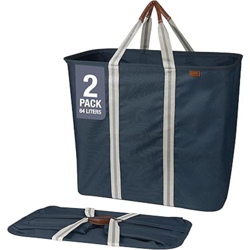 CleverMade Collapsible Laundry Basket Hamper - Navy Noir Cream 2-Pack 64L - Space Saving Storage Organizer with Handles Foldable Home Organization