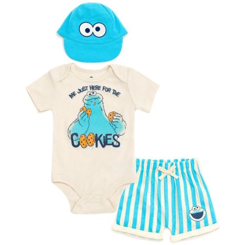 Sesame Street Cookie Monster Infant Baby Boys Bodysuit, Shorts and Baseball Cap 3 Piece Outfit Set Blue 18 Months