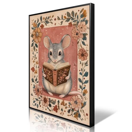Nursery Animal Canvas Wall Art, Mouse Reading A Book Poster, Cozy Folk Art Prints, Kids Room Farmhouse Botanical Floral Painting, Library Reading Corner Wall Decor 12x16in Unframed