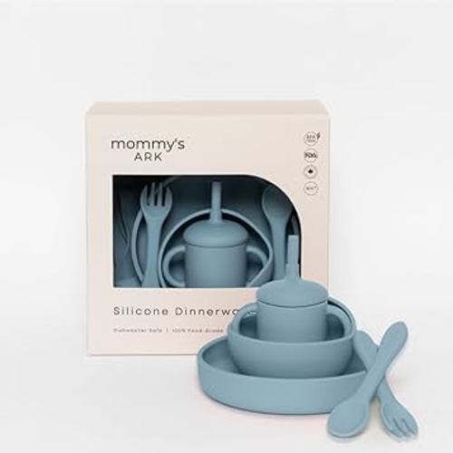 Mommy's Ark 10-Piece Dinnerware Set: Food-Grade Essentials! Dishwasher-Safe Convenience: Bowl & Spoon Set™, Silicone Plate, Catch-All™ Bib, Fork + Spoon Set, Spill-Proof Sippy Cup, Non-Slip Place Mat