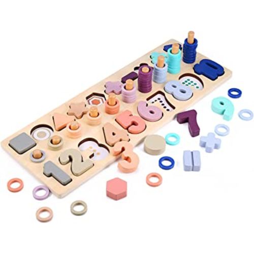 Wooden Number Shape Puzzles Sorting Montessori Toys for Toddlers, Sorter Counting Game for Kids 3 4 5 Year olds, Preschool Learning Education Math Stacking Toys for Boys Girls