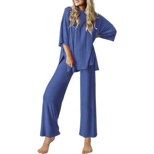 Ekouaer Lounge Sets for Women Short Sleeve Tops and Long Pants Soft Comfy Pajamas Set 2 Piece Outfits S-XXL