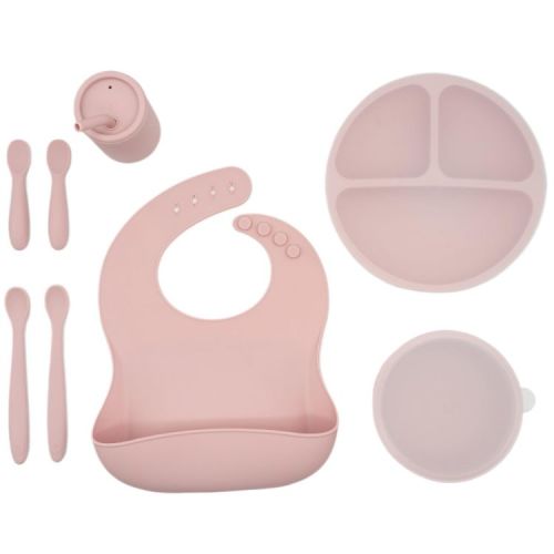 WeeSprout Baby Led Weaning Bundle, Silicone Suction Bowl, Spoons, Bib & Cup - Pink