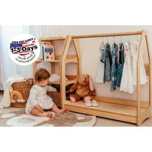 Nursery Set - Montessori clothing rack with shelf + Montessori shelf, Montessori Furniture, Dress Up Storage, Kid wardrobe, Kindergarderobe