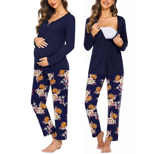 Ekouaer Maternity Nursing Pajama Sets Labor Delivery Pjs Long Sleeve Breastfeeding Pajamas Pregnancy Sleepwear Set