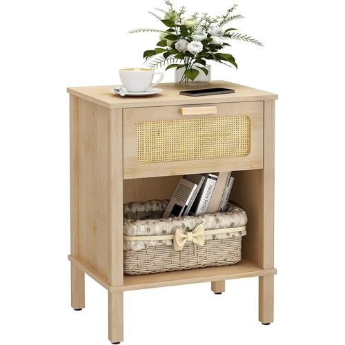 Small Rattan Nightstand,Boho Bedside Table,End Table with Drawer, Rattan Furniture,Rattan Nightstand with Boho Desk for Living Room,Bedroom,Small Space Natural 11.4"x15.3"x21.6" CTG66Y