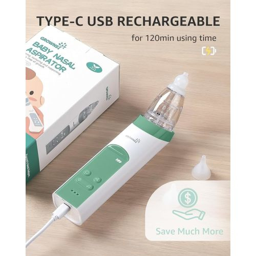 GROWNSY Nasal Aspirator for Baby, Electric Nose Aspirator for Toddler, Baby Nose Sucker, Automatic Nose Cleaner with 3 Silicone Tips, Adjustable Suctions, Music and Light Soothing Function (Green)