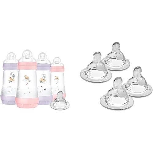 9 oz. Easy Start Matte Deco Girl 4 Pack with MAM Bottle Nipples Mixed Flow Pack Level 1 and 2, 4 Pack
