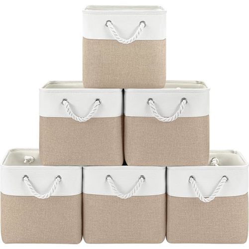 11 Inch Cube Storage Bins, 6 Pack Fabric Storage Cubes with Rope Handles, Organizer Baskets for Closet Shelves, Clothes and Home Organization(White/Khaki)