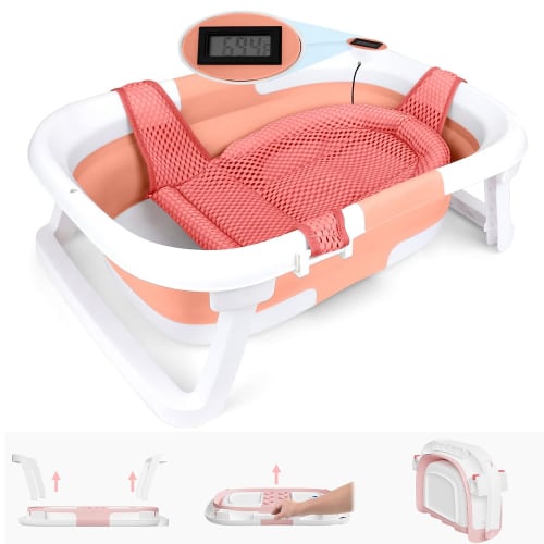 Prociv Foldable Baby Bathtub for Infants to Toddler,Portable Travel Bathtub Multifunctional Bathtub with Drain Hole, Baby Bathtub for Newborn 0-36 Month Pink (with Net)