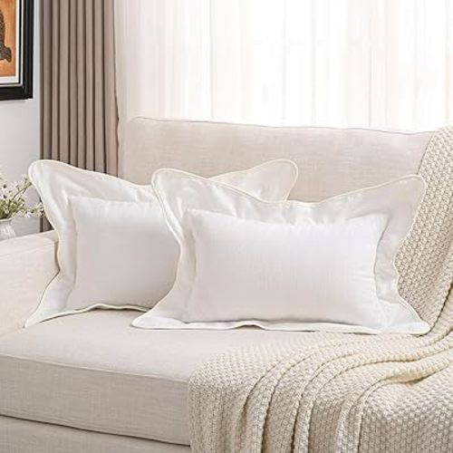 FUTEI Soft Cozy White Chenille Decorative Throw Pillow Covers 12x20 Inch Set of 2,Double Stitch Scalloped Bordered Lumbar Pillow Cases,Modern Home Decor for Couch Bed Living Room