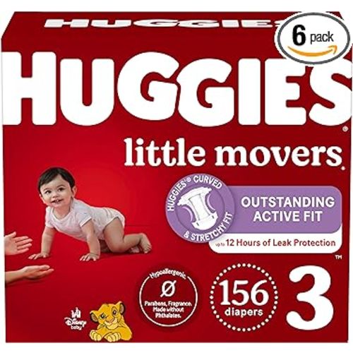Huggies Size 3 Diapers, Little Movers Baby Diapers, Size 3 (16-28 lbs), 156 Count (6 packs of 26)