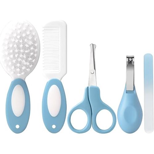Baby Grooming Kit with Storage Pouch Baby Brush Soft Bristles 5 pcs-Infant Brush, Rounded Comb, Safety Scissors, Nail Clippers & Emery Board -Health Care Kit for Newborns & Toddlers Gray