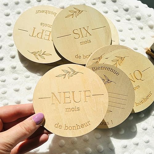 Pastilles de bois 1 à 12mois, souvenir bébé, disque étapes nouveau-né, cartes de croissance. (Boho)