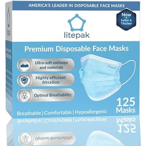 Litepak 125-Pack Disposable Face Mask Premium Comfort Earloops with Dispenser Box