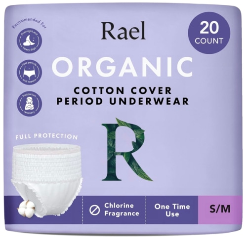 Rael Organic Cotton Cover Overnight Underwear - Panty Style Pad, Unscented, Disposable Period Underwear, Postpartum, Teen, Maximum Coverage (Size S-M, 20 Count)