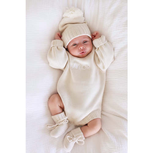 Embroidered Knit Sweater Bubble Romper in Ash | Caden Lane