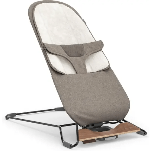 UPPAbaby Mira Bouncer/Portable 2-in-1 Bouncer + Seat Grows with Your Baby/GREENGuard® Gold, JPMA + FSC® Certified/Cozy Seat Liner + Storage Bag Included/Wells (Taupe Mélange/Black Chrome/Walnut Wood)
