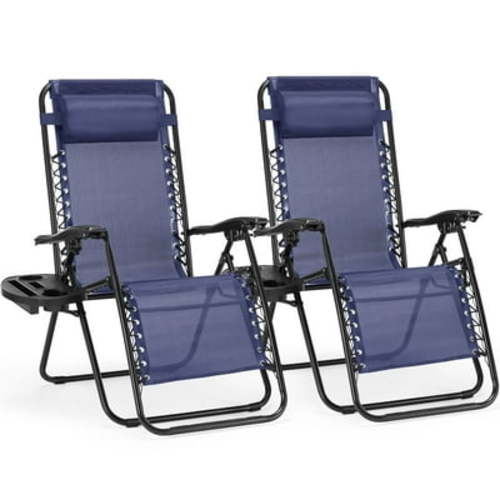 CONCETTA 2PCS Zero Gravity Patio Recliner, Textilene Folding Lounge with Adjustable Pillow & Cup Tray, Blue