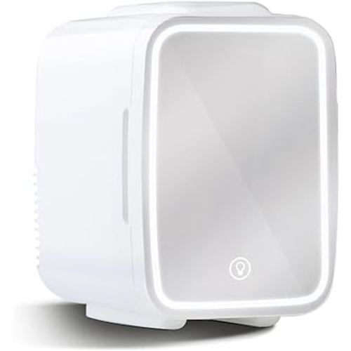 Mini Skincare Fridge with Dimmable LED Mirror, 4Liter/6 Cans Cooler and Warmer for Makeup, Cosmetic, Beauty, Food, Portable Small Refrigerator for Bedroom, Vanity, Office and Car- White