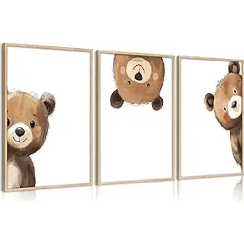 3Pcs Baby Teddy Bear Nursery Wall Art Peeking Bear Pictures Wall Decor Peekaboo Kids Room Decor Woodland Animal Posters Neutral Nursery Painting Canvas Print Artwork for Children's Baby Room Bedroom