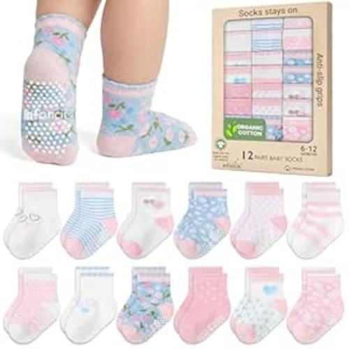 Organic Cotton GOTS Certified Baby Socks Girls Sock 12 Pairs - (6-12 Months) Soft And Comfortable Socks For Baby Girl, Adorable Sock Girls, Gift For Infant