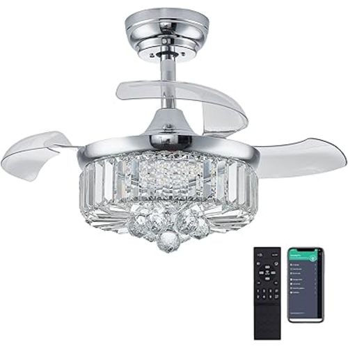 DuMaiWay 30" Chandelier Ceiling Fan with Light Crystal Modern Fandelier Reversible Ceiling Fan Dimmable Retractable Timer for Bedroom Dining Living Room Sliver Chrome