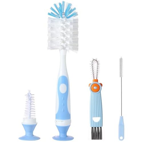 Ariseno 4-in-1 Baby Bottle Brush Set, Bottle Brush for Baby, Bottle Cleaner Brush Set, Including Nylon Bottle Brush, Bottle Cap Brush, Straw Brush, Nipple Brush, BPA-Free (Blue)
