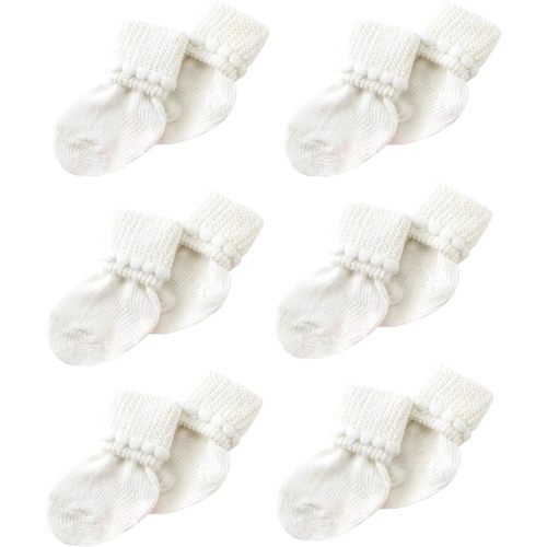 Newborn Baby Boy & Girl Socks Includes 6 Pairs of Cotton Socks - 0-3 Months - White