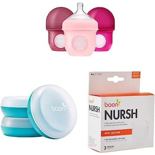 Boon NURSH Reusable Silicone Baby Bottles with Collapsible Silicone Pouch Design + Boon Nursh Baby Bottle Storage Buns + Boon, NURSH Reusable Silicone Replacement Pouch