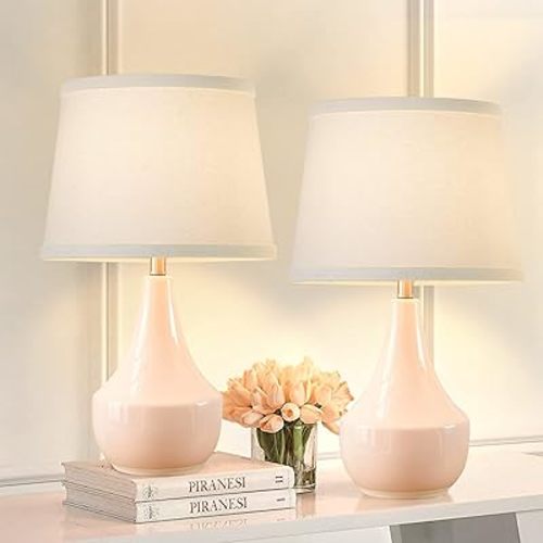 GyroVu Table Lamp Set of 2, 18.63” Ceramic Table Lamp Classic Beside Lamps Nightstand Lamp Modern Table Lamp for Living Room, Bedroom & Office Rocker Swtich Pink-LED