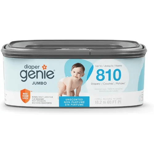 The Diaper Genie Jumbo Square Refill, with Continuous Film, can Hold up to 810 Newborn-Sized Diapers per Refill.