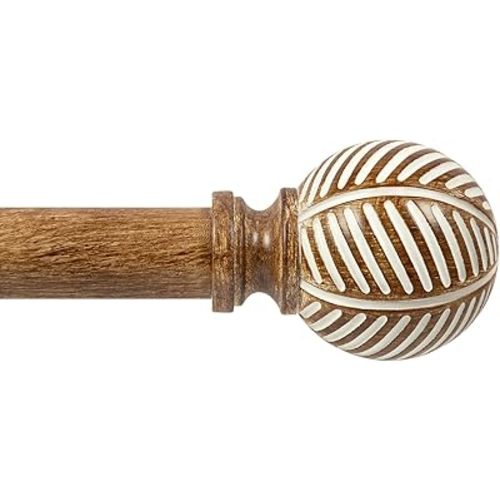 Zeerobee Wood Curtain Rods for Windows 66 to 120, 1 Inch Heavy Duty Drapery Rods with Imitation Wood Grain Leaf Pattern Finials, Indoor/Outdoor Modern Curtain Pole, 32"-120", Coffee Brown
