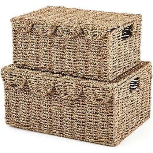 Boao 2 Pcs Scalloped Edge Wicker Basket with Lid Wicker Baskets for Organizing Storage Woven Handwoven with Handles for Organizing Bedroom Living Room Bathroom(Seagrass)