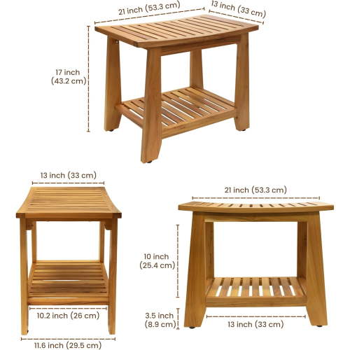TEAKAURA Teak Shower Bench Stool, 21'' Waterproof Wood Spa Bath Bench with Storage Shelf, Non-slip Solid Teak Shower Seat Chair for Small Bathrooms Inside Shower and Outdoor Use