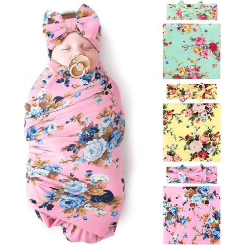 DRESHOW BQUBO Newborn Floral Receiving Blankets 3 Sets Newborn Baby Swaddling with Bow Headbands Sleepsack Toddler Warm Shower Gift