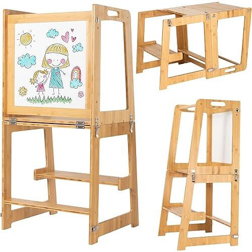 Kitchen Tower for Toddlers - 3-in-1 Kitchen Step Stool for Toddlers - Foldable Kitchen Stand with: Tabletop, Step Stool Ladder & Whiteboard with Dry Eraser & Markers - Helper Tower for Toddlers