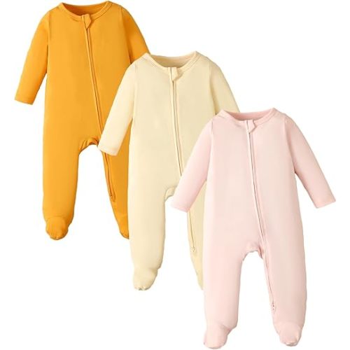 OPAWO Newborn Footie Pajamas with Mitten Cuffs Double Zipper Sleepers Baby Boy Girl Onesie Footed One-Piece Romper 0-6 Months