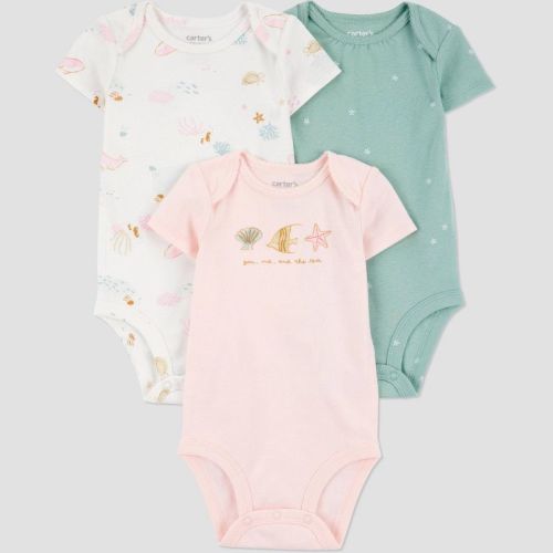 Carter's Just One You®️ Baby Girls' 3pk Bodysuit - Purple/White 3M: Cotton, Lightweight, Floral Animal Pattern, Short Sleeve